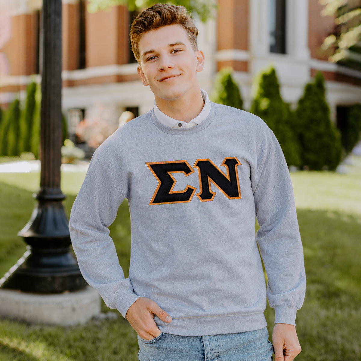 New! Sigma Nu Heather Grey Crewneck With Sewn On Letters