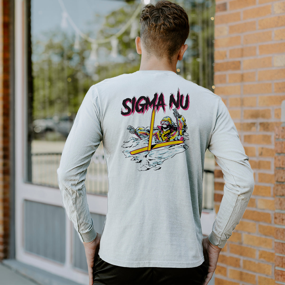 Sigma Nu Comfort Colors White Long Sleeve Ski-leton Tee