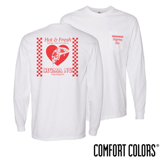 New! Sigma Nu Comfort Colors Hot and Fresh Pizza Long Sleeve Tee